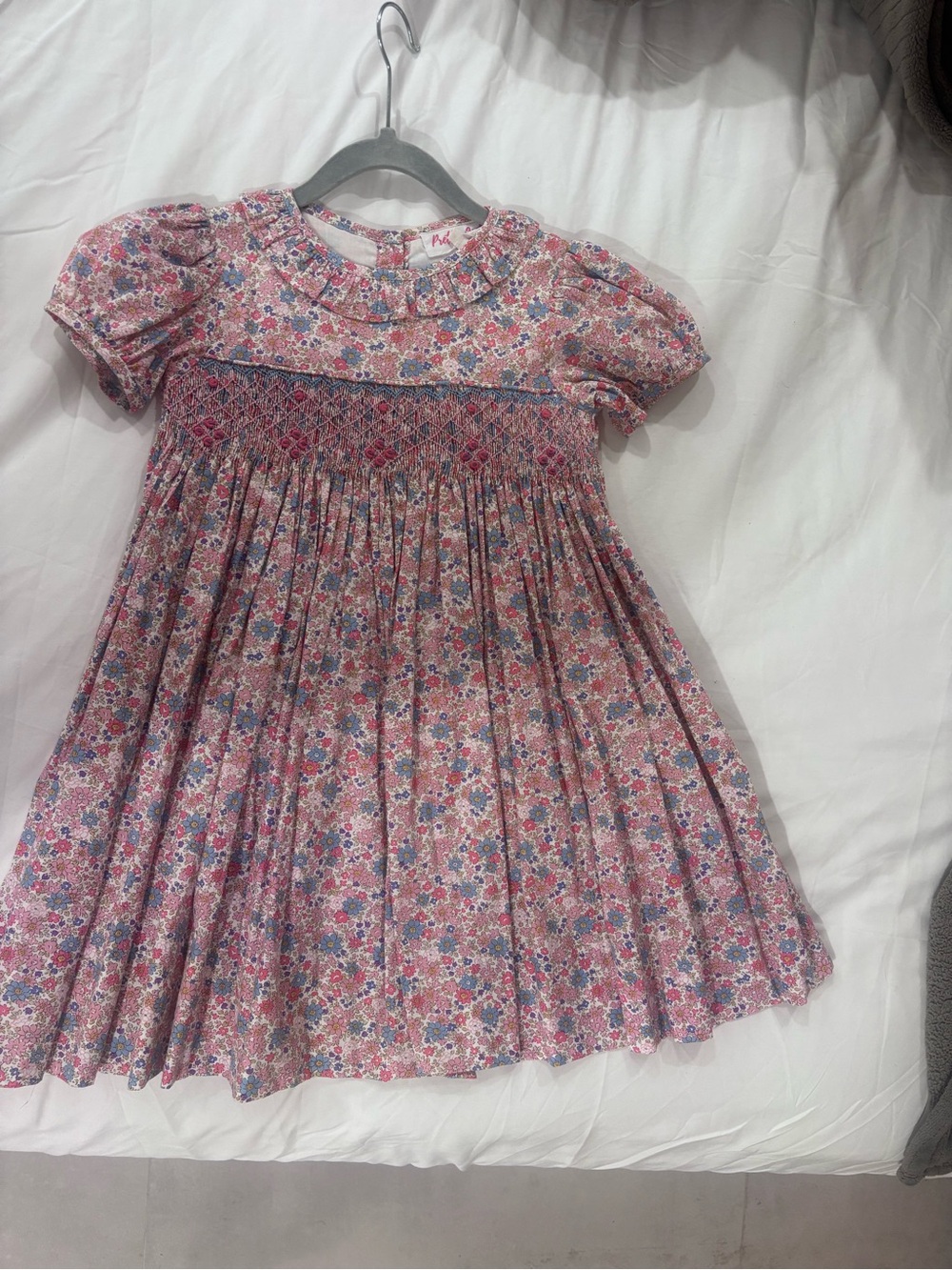 Smocked Floral Pink Girls Dress with Puff Sleeves